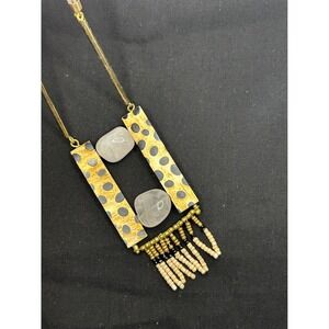 BLMK Boho Pendant Necklace Brass Polka Dot Modern Art Statement Rose Quartz Bead